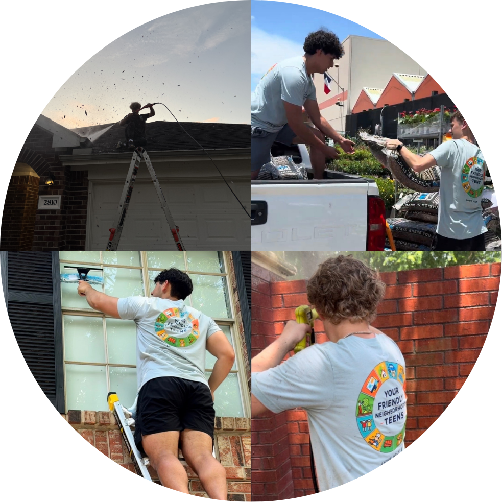 YFNTeens crew members power washing, mulching, cleaning windows and detailing homes around the neighborhood